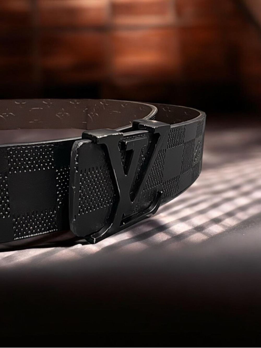 Black Embossed Checkered & Brown Flower Reversible Belt W/Black Buckle NEW
